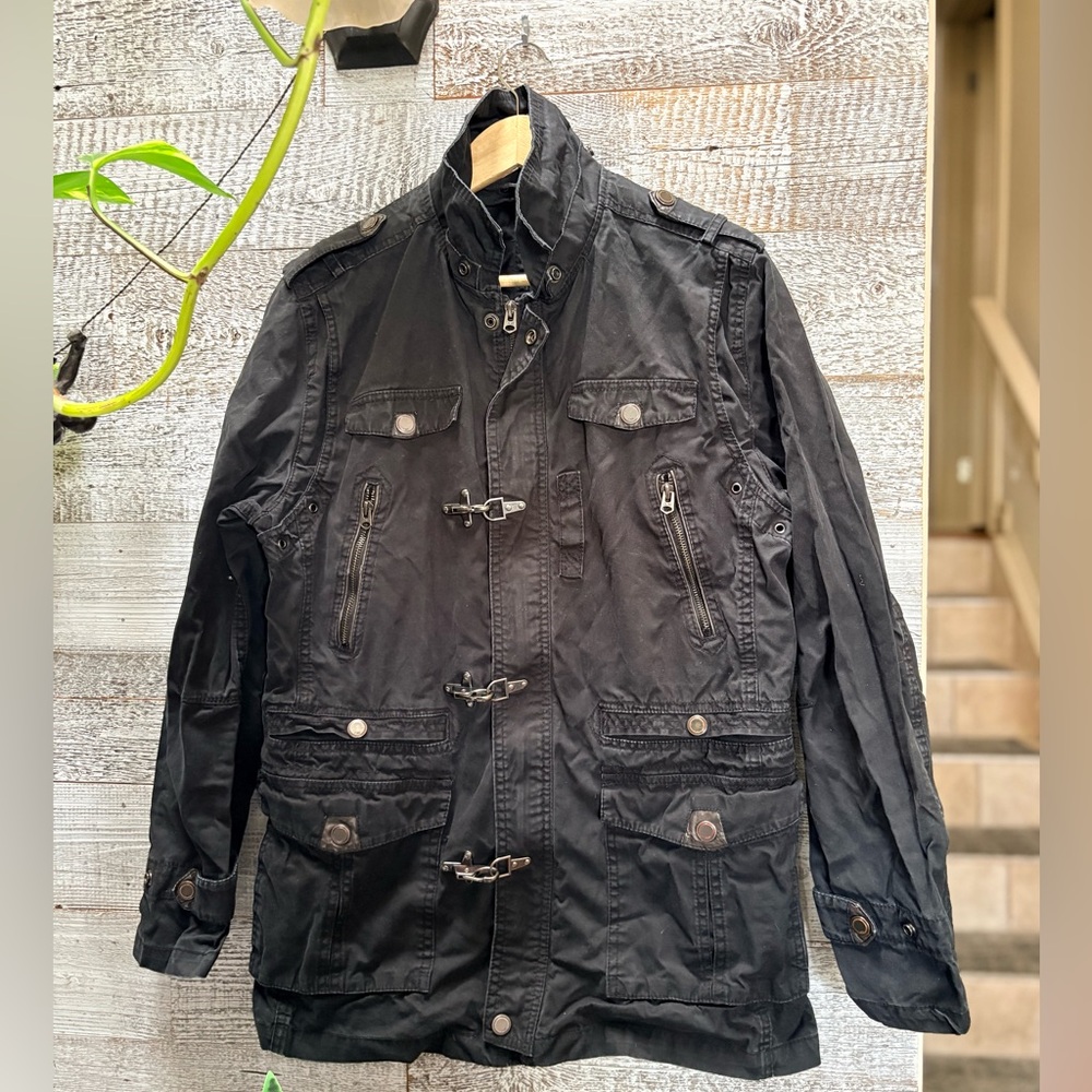 🏷 Zara Man | Long Black Denim Industrial Gothic Military Punk Jacket - Men's L